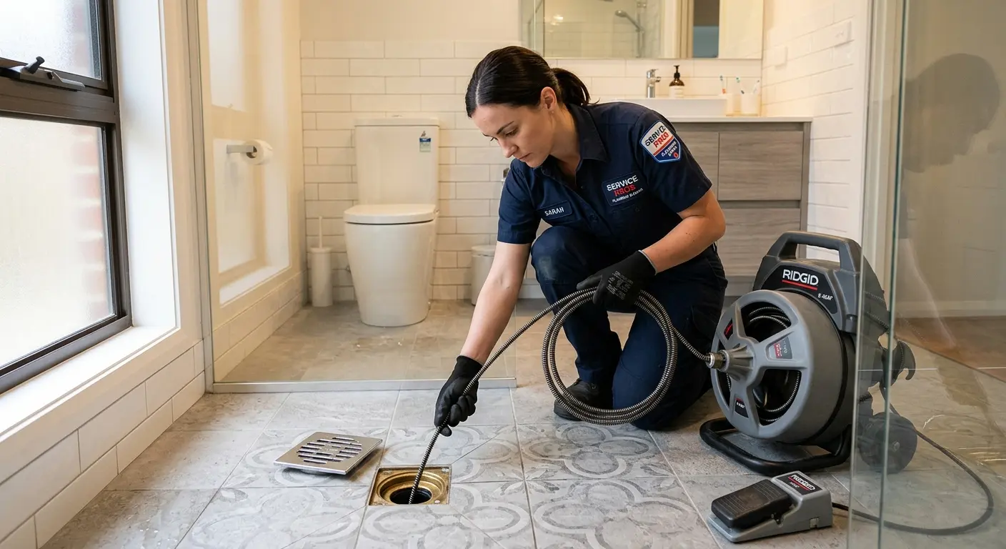 Technician clearing a bathroom floor drain for Sewer Line Installation in Beacon